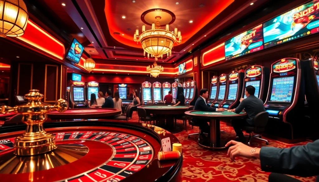 Engaging players at Kuwin đăng nhập in a vibrant casino environment featuring roulette, poker tables, and slot machines.