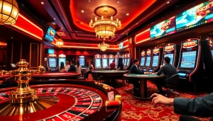 Engaging players at Kuwin đăng nhập in a vibrant casino environment featuring roulette, poker tables, and slot machines.