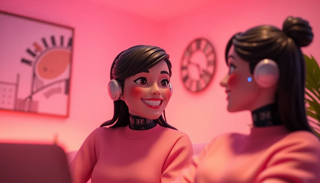 Interactive scene of AI avatars engaging in sex chat AI conversations, set in a cozy digital chatroom.