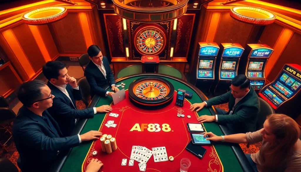 Engaged players at an AF88 poker table, surrounded by vibrant casino ambiance.