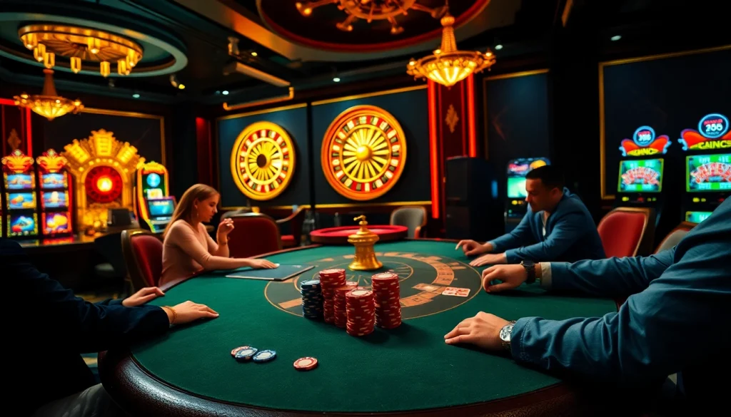 Engaged players at a vibrant casino table featuring RR88 gaming excitement.