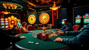 Engaged players at a vibrant casino table featuring RR88 gaming excitement.