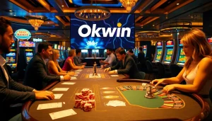 Experience the thrill of gambling with Okwin at a luxurious casino featuring vibrant games and exciting betting actions.