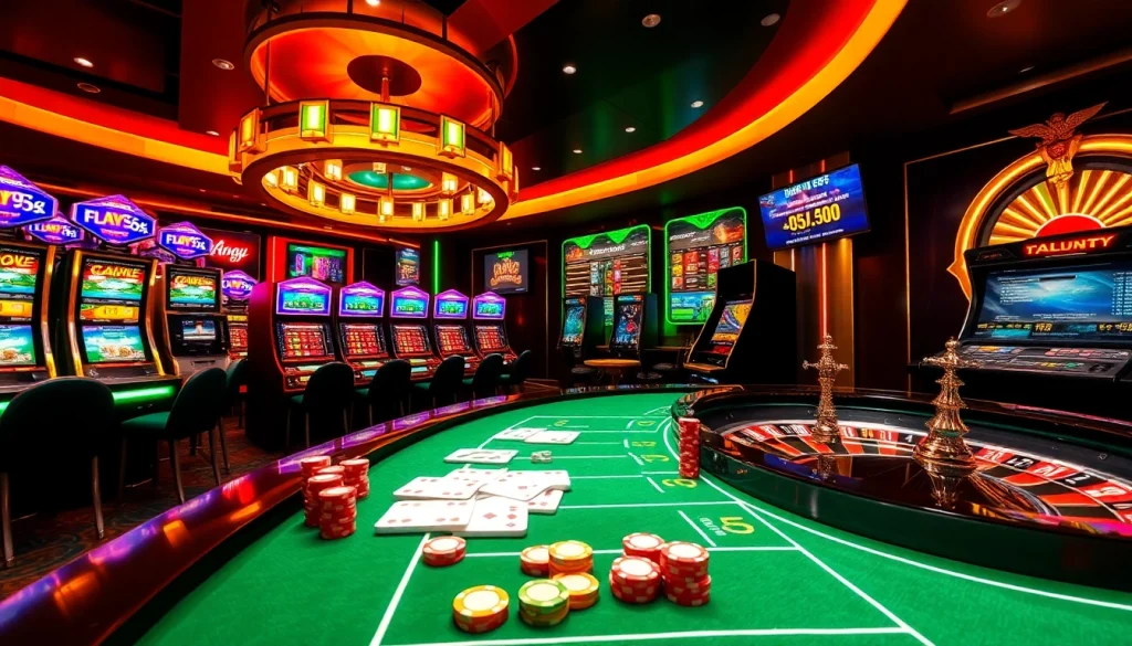 High-energy online gambling scene featuring https://babu88.global/ casino tables, cards, and slot machines.