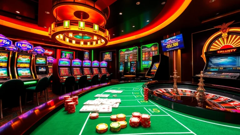 High-energy online gambling scene featuring https://babu88.global/ casino tables, cards, and slot machines.