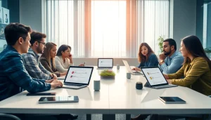 Dynamic professionals using 有道翻译 technology for seamless communication in a modern office.