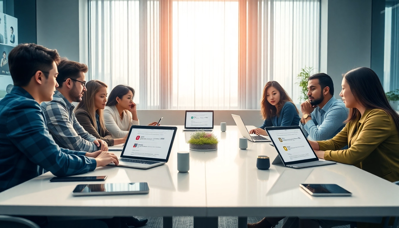 Dynamic professionals using 有道翻译 technology for seamless communication in a modern office.