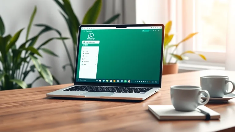 Optimize customer interactions with WhatsApp Business CRM interface on a modern workspace desk.