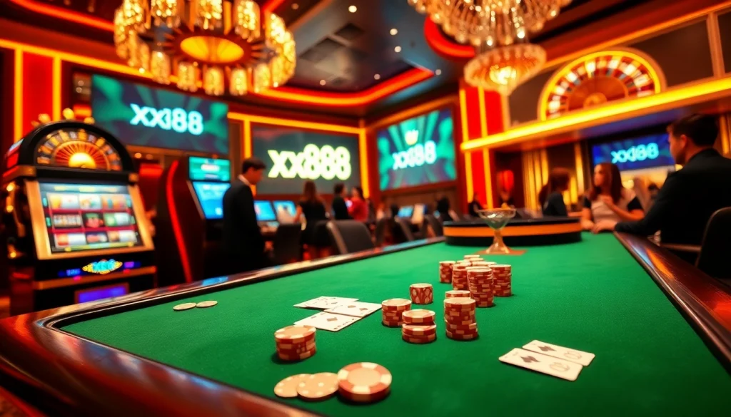 Experience thrilling gameplay at xx88's elite casino featuring poker chips, cards, and a stunning roulette wheel.