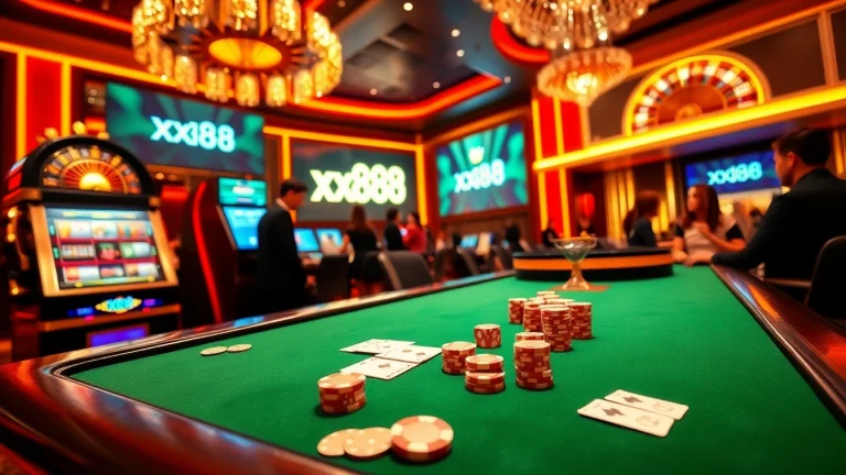 Experience thrilling gameplay at xx88's elite casino featuring poker chips, cards, and a stunning roulette wheel.