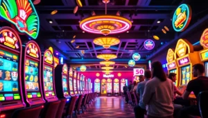Exciting online slot hoki gaming scene with vibrant machines and players