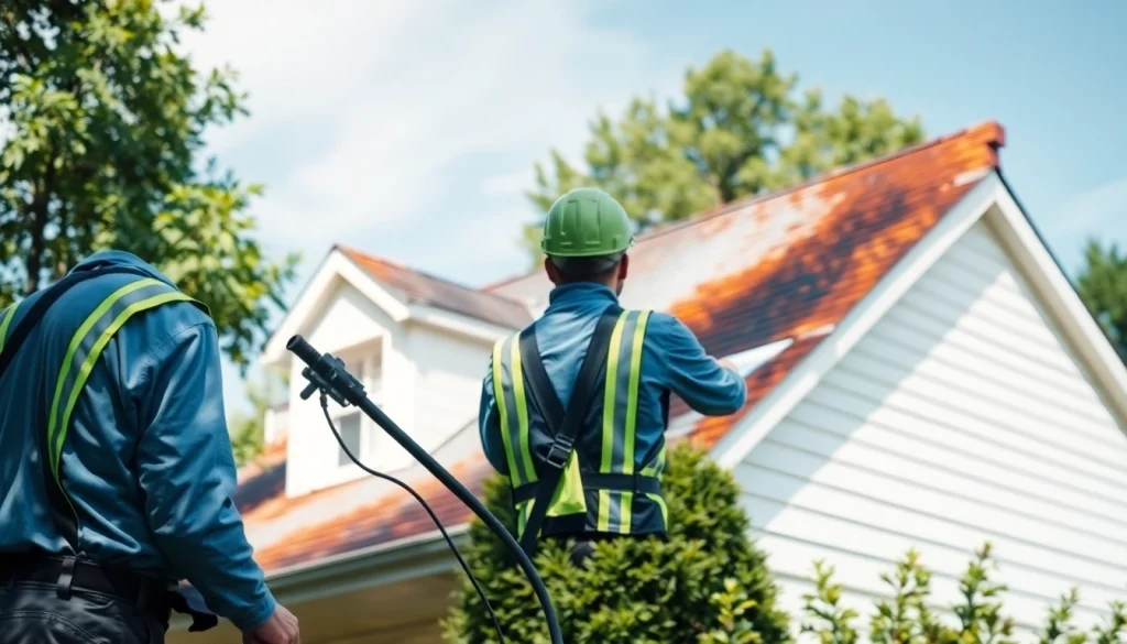 Roof cleaning service in action, showcasing eco-friendly techniques and professional expertise.