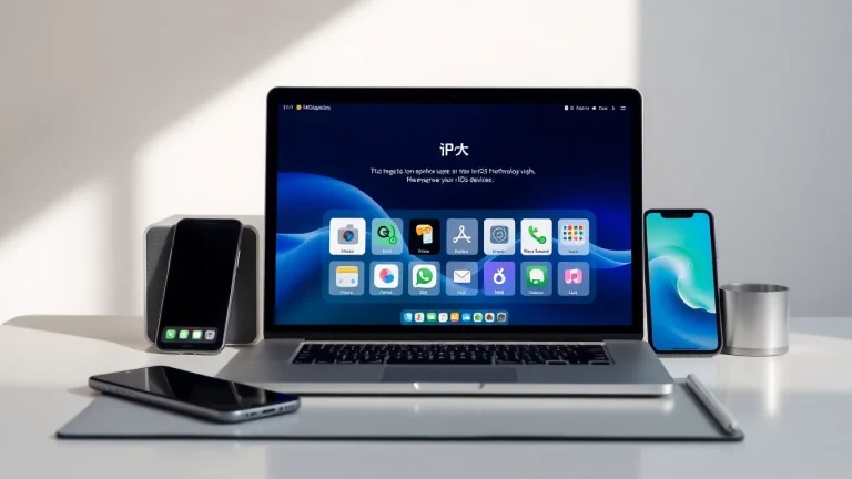 爱思助手下载 interface displayed on a modern laptop surrounded by Apple devices, illustrating advanced iOS management tools.