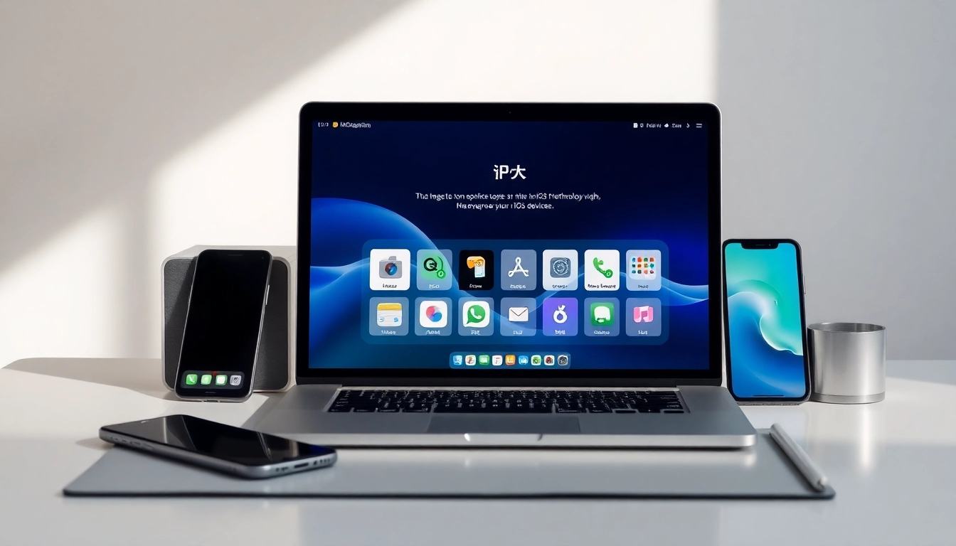 爱思助手下载 interface displayed on a modern laptop surrounded by Apple devices, illustrating advanced iOS management tools.