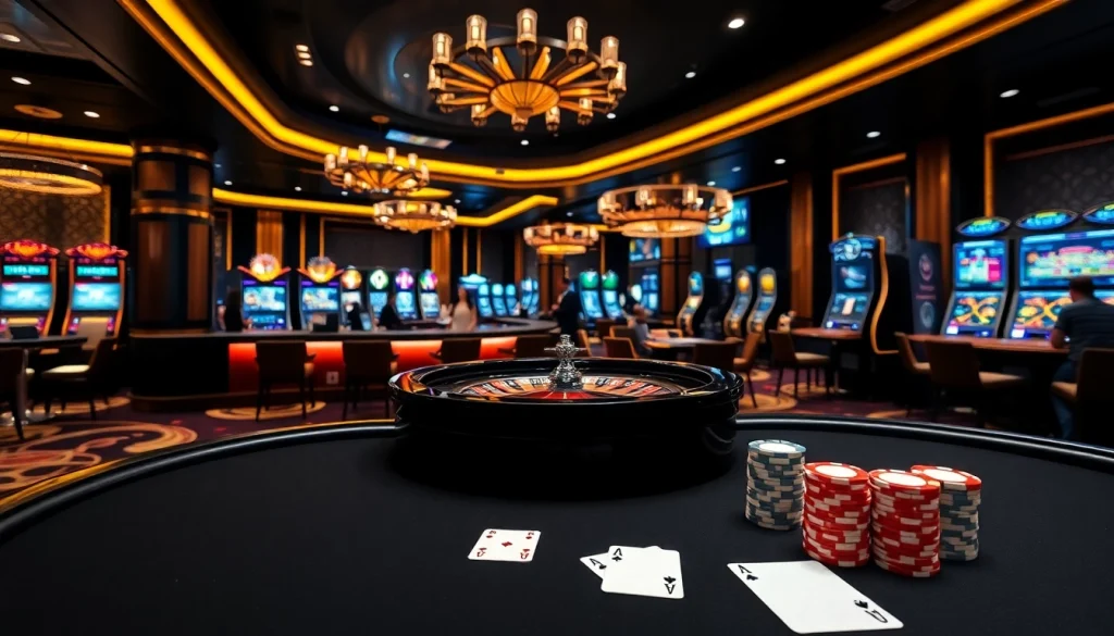 Exciting gaming action at a luxurious casino featuring xx88 slot machines and poker tables.