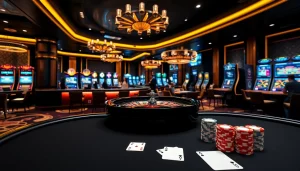 Exciting gaming action at a luxurious casino featuring xx88 slot machines and poker tables.