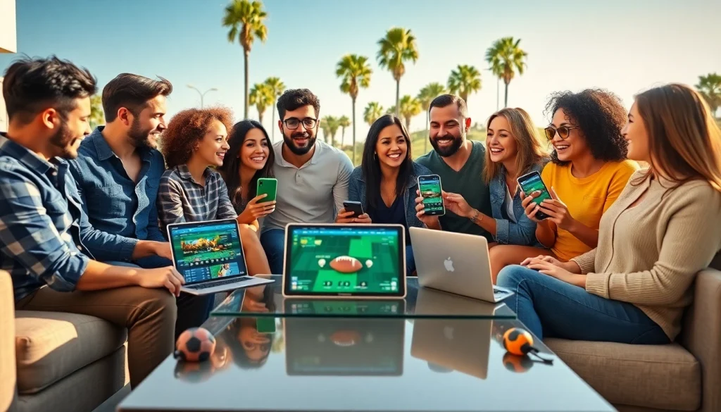 Engaging friends explore sports betting sites California on laptops and smartphones.
