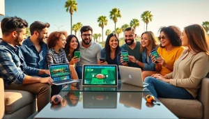Engaging friends explore sports betting sites California on laptops and smartphones.