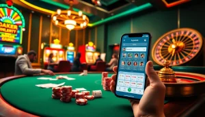 Experience excitement with the Superbet App at a vibrant casino scene featuring poker tables and slot machines.