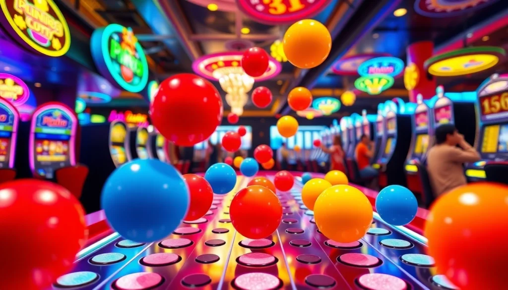 Gambarlah aksi Plinko slot yang seru dengan bola berwarna cerah jatuh ke dalam papan.