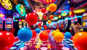 Gambarlah aksi Plinko slot yang seru dengan bola berwarna cerah jatuh ke dalam papan.