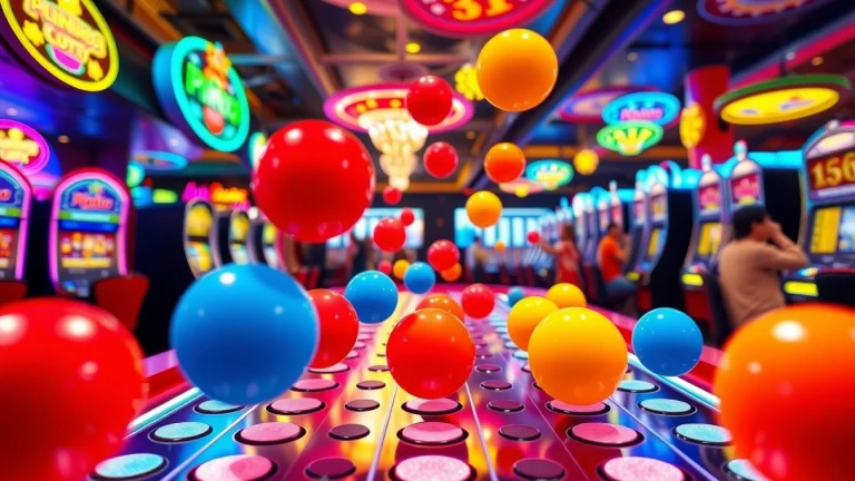 Gambarlah aksi Plinko slot yang seru dengan bola berwarna cerah jatuh ke dalam papan.