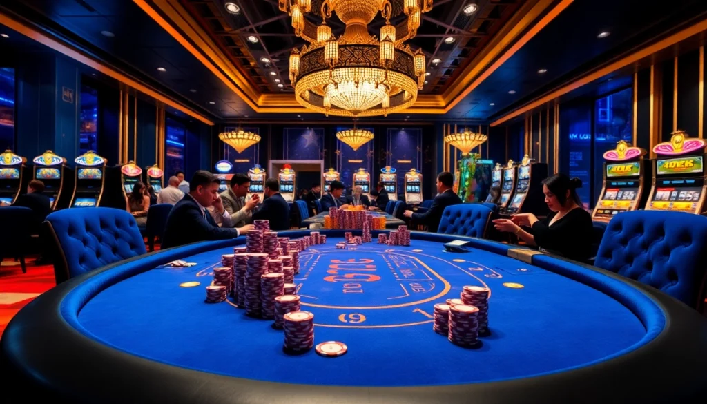 Experience the thrill of Top 10 Nhà Cái Uy Tín with a luxury casino scene featuring intense gameplay and vibrant slot machines.