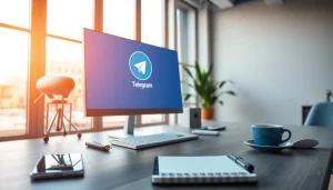Explore the benefits of 电报下载 in a modern workspace featuring Telegram app interface.