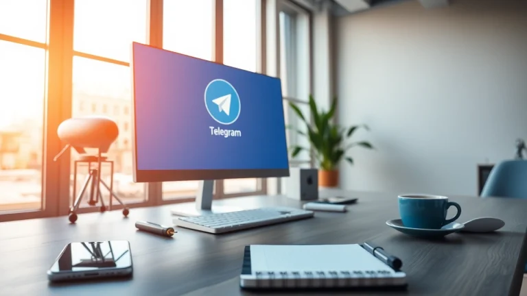 Explore the benefits of 电报下载 in a modern workspace featuring Telegram app interface.