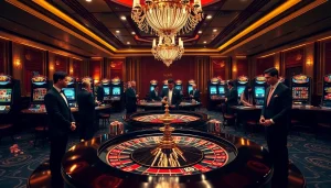 Gamblers enjoying the thrill of luck8 at an elegant casino with roulette and slot machines.