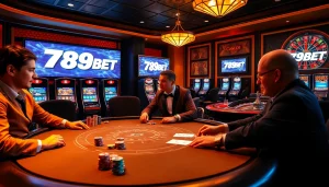 Engaging poker game under warm lighting at 789BET casino, showcasing professional dealers and dynamic gameplay.