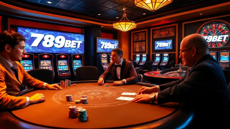 Engaging poker game under warm lighting at 789BET casino, showcasing professional dealers and dynamic gameplay.