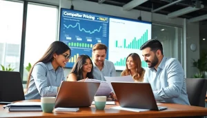 Analyze competitor pricing strategies with a diverse team collaborating in a professional office environment.