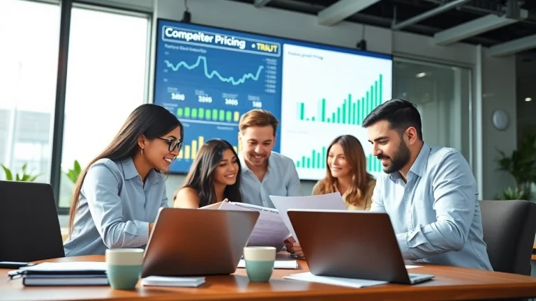 Analyze competitor pricing strategies with a diverse team collaborating in a professional office environment.