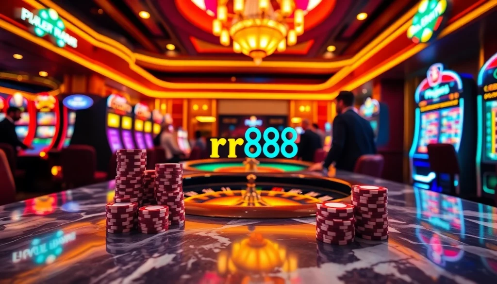 Experience the thrill of gambling at https://rr88.pizza/ with vibrant casino visuals including poker chips and slot machines.