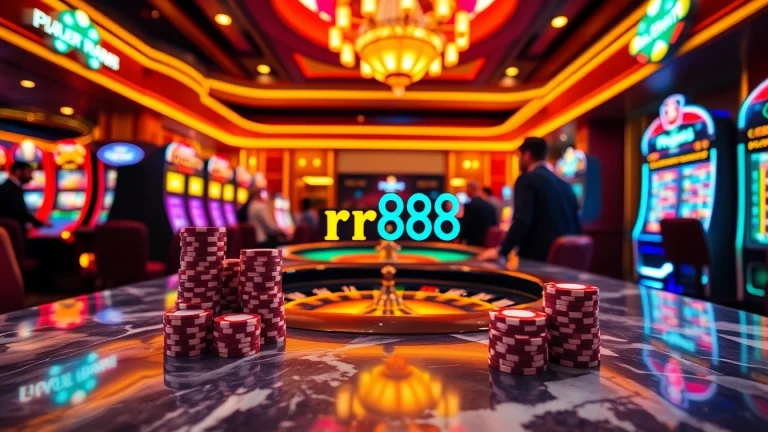 Experience the thrill of gambling at https://rr88.pizza/ with vibrant casino visuals including poker chips and slot machines.