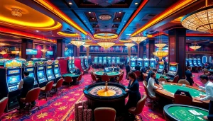 Players enjoying games in a luxurious casino setting at xx88com, surrounded by vibrant slot machines.