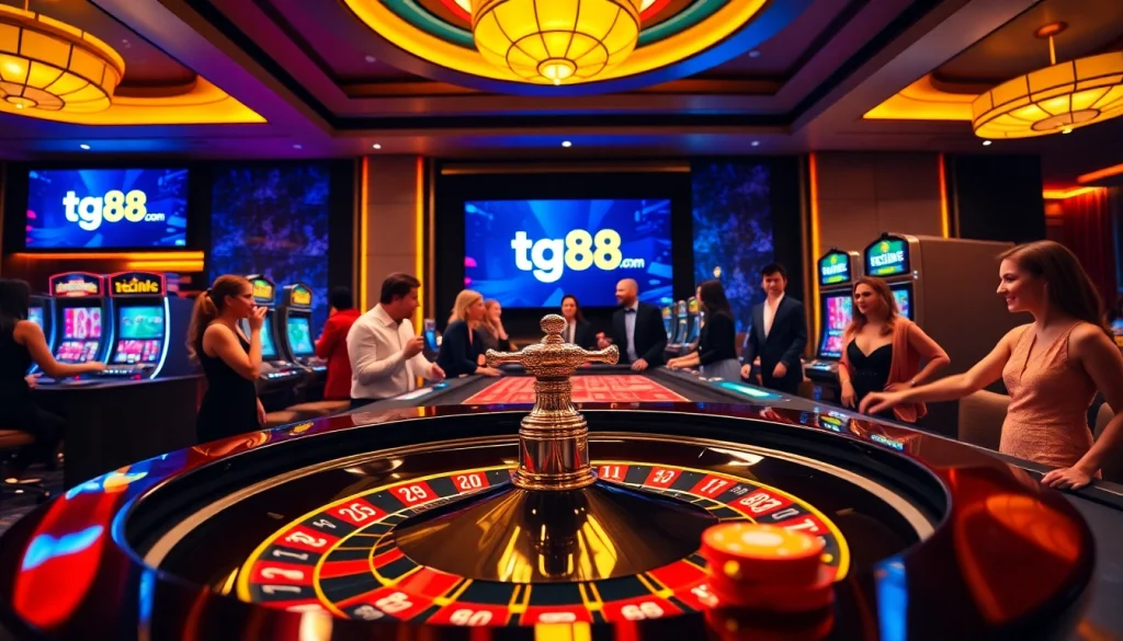 Engaged gamblers celebrating at tg88.com casino tables with vibrant slot machines.
