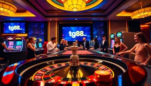 Engaged gamblers celebrating at tg88.com casino tables with vibrant slot machines.