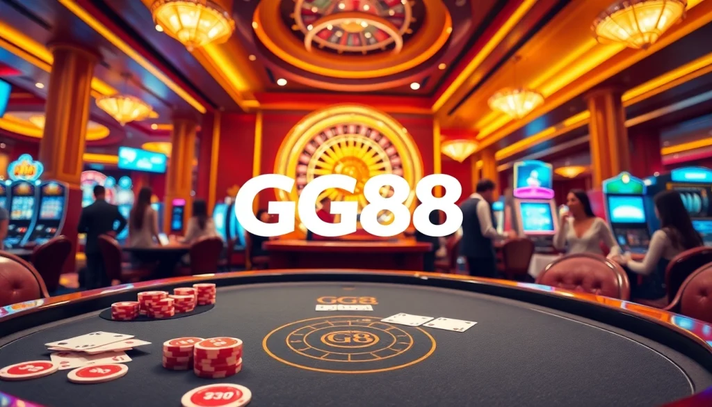 GG88 vibrant casino scene showcasing lively gaming with poker and roulette elements.