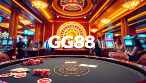 GG88 vibrant casino scene showcasing lively gaming with poker and roulette elements.