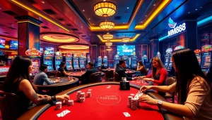 Experience the excitement of MM88 with vibrant casino scenes showcasing gaming action.