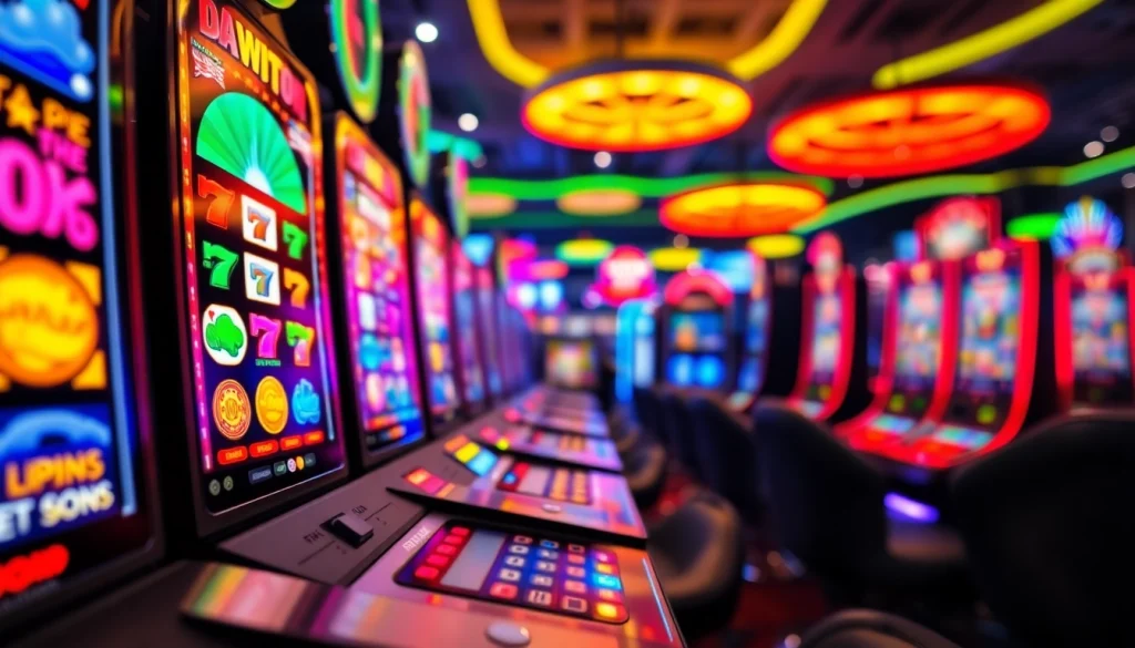 Permainan slot deposit pulsa yang menarik dengan mesin warna-warni di latar belakang yang cerah.