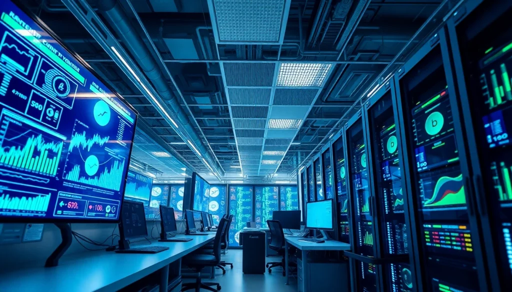 Dogecoin cloud mining facility with advanced AI technology and renewable energy solutions.