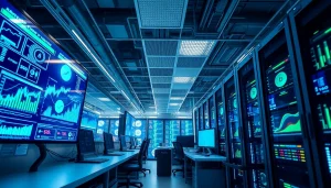 Dogecoin cloud mining facility with advanced AI technology and renewable energy solutions.