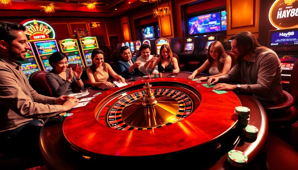Immersive gaming experience at Hay88 with vibrant poker table and roulette wheel.