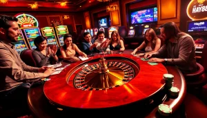 Immersive gaming experience at Hay88 with vibrant poker table and roulette wheel.