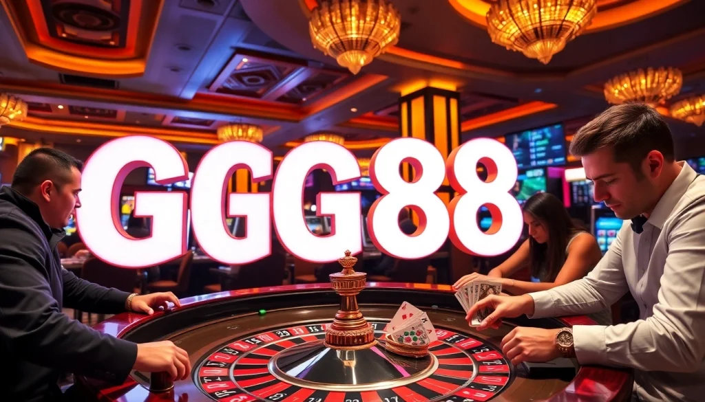 Experience the thrilling atmosphere of GG88 at the roulette table with vibrant casino chips and engaged players.