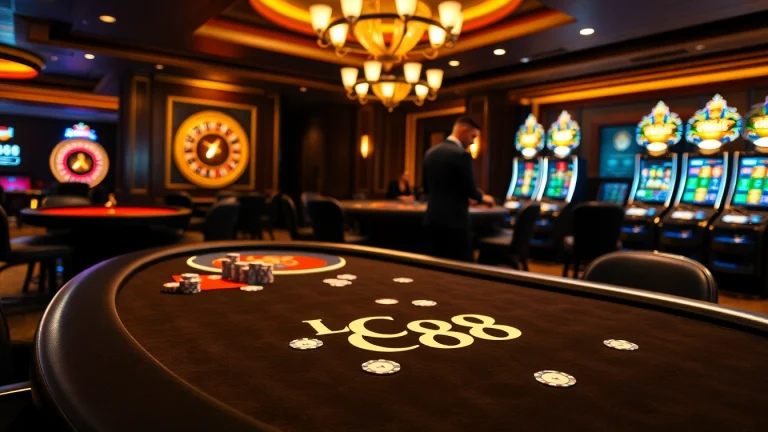 Engage at the LC88 poker table with vibrant chips and polished cards in a luxurious casino.