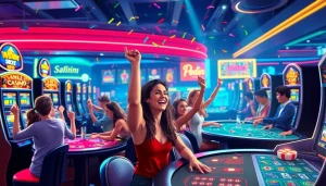 Experience thrilling action at Canada casinos online, where vibrant lights and diverse players engage in games of chance.